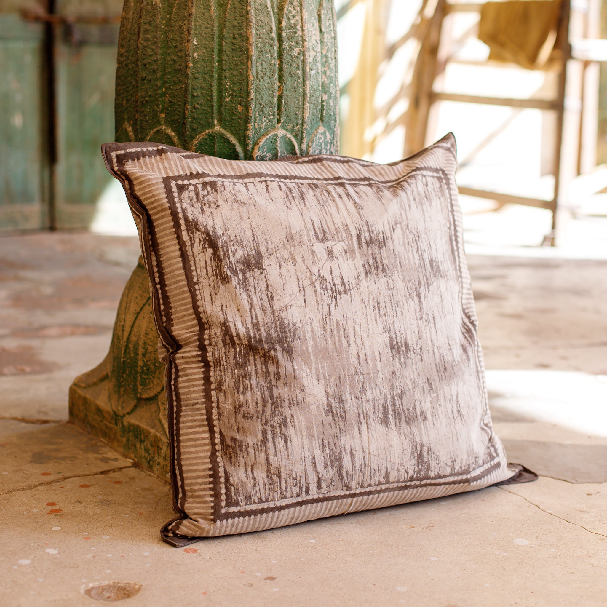 Cotton Reversible Cushion Cover Grey Geometric Dabu Print