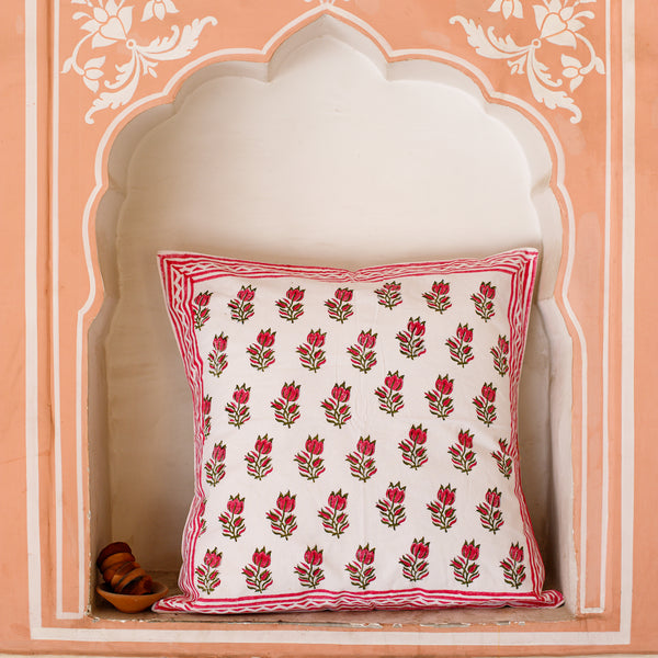 Cotton Cushion Cover White Red Floral Block Print