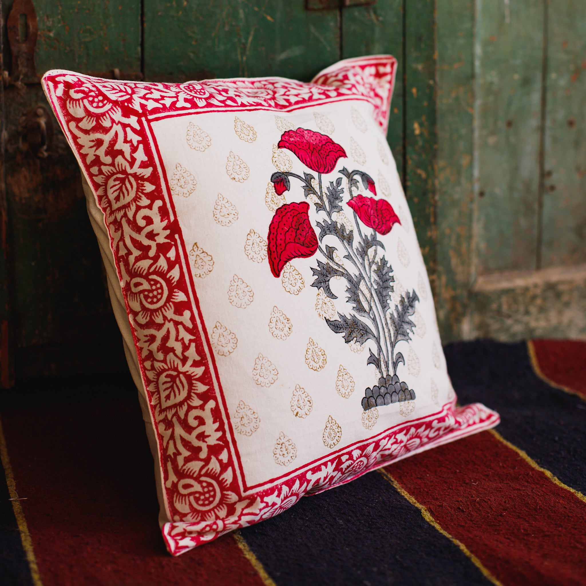 Cotton Cushion Cover Pink Grey Tulip Boota Block Print 16 x 16 Inch