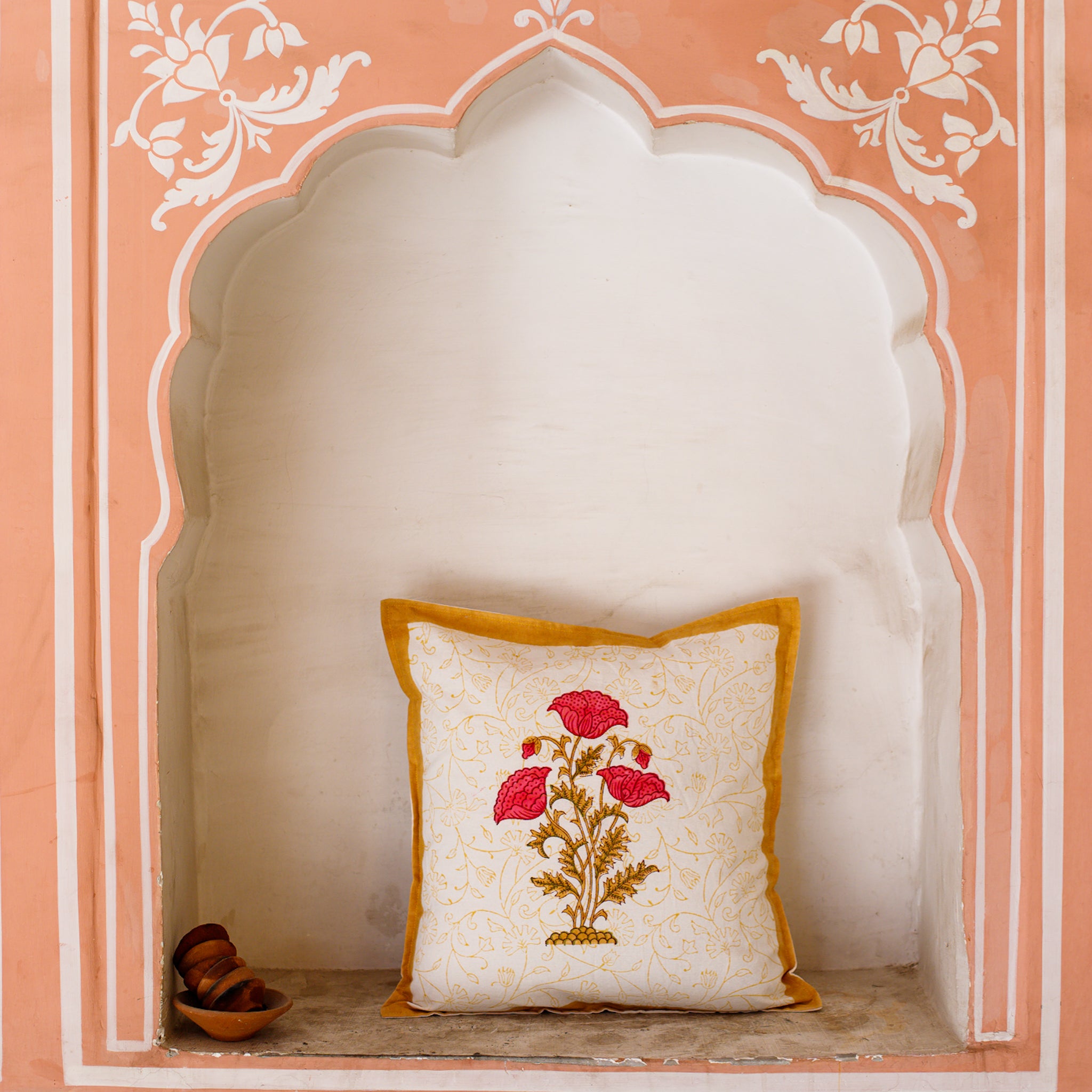 Cotton Cushion Cover Pink Brown Floral Boota Block Print