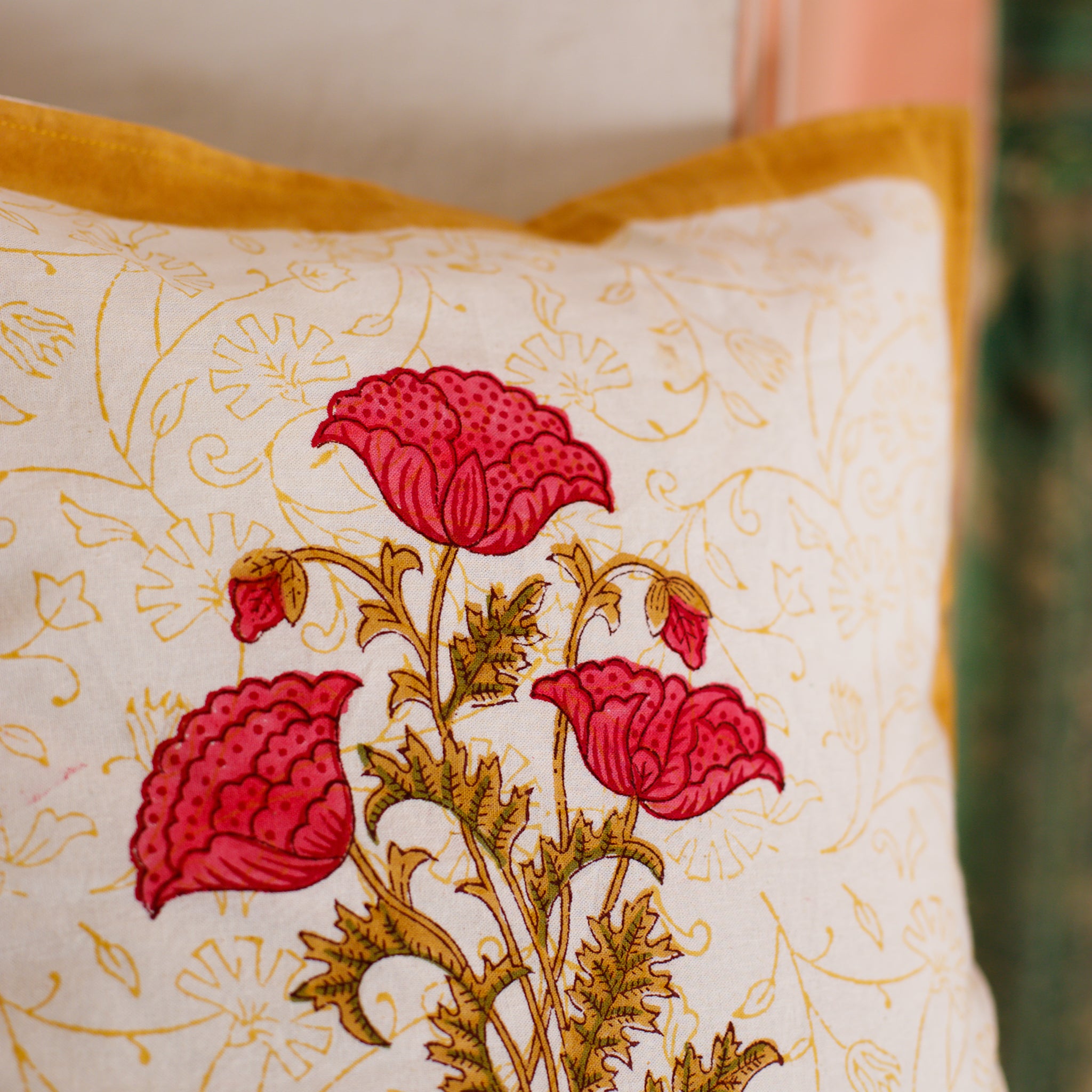 Cotton Cushion Cover Pink Brown Floral Boota Block Print