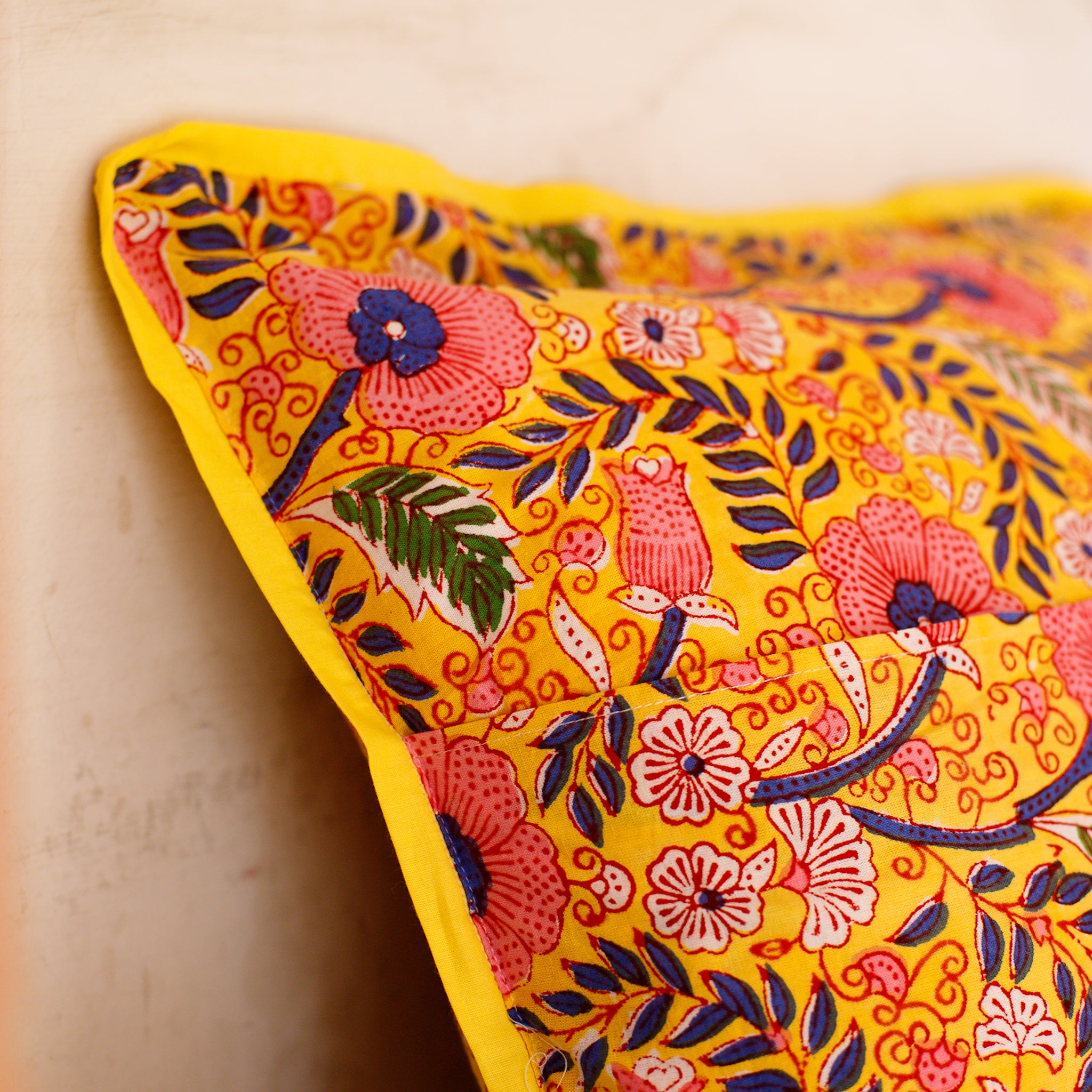 Fine Cotton Cushion Cover Yellow Pink Foral Block Print