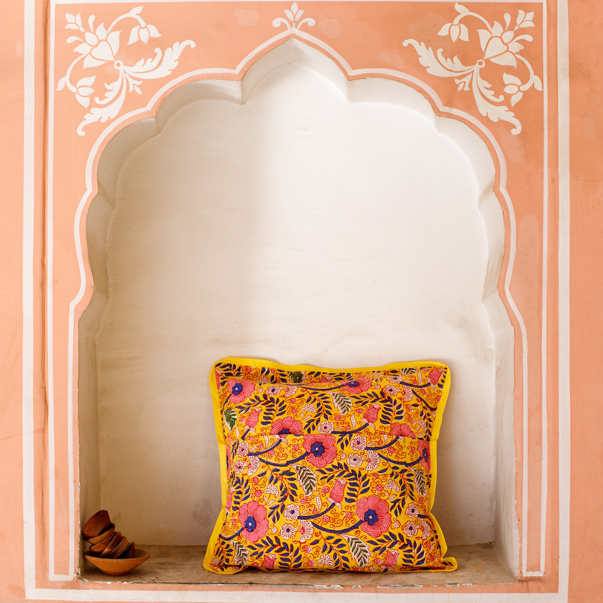 Fine Cotton Cushion Cover Yellow Pink Foral Block Print
