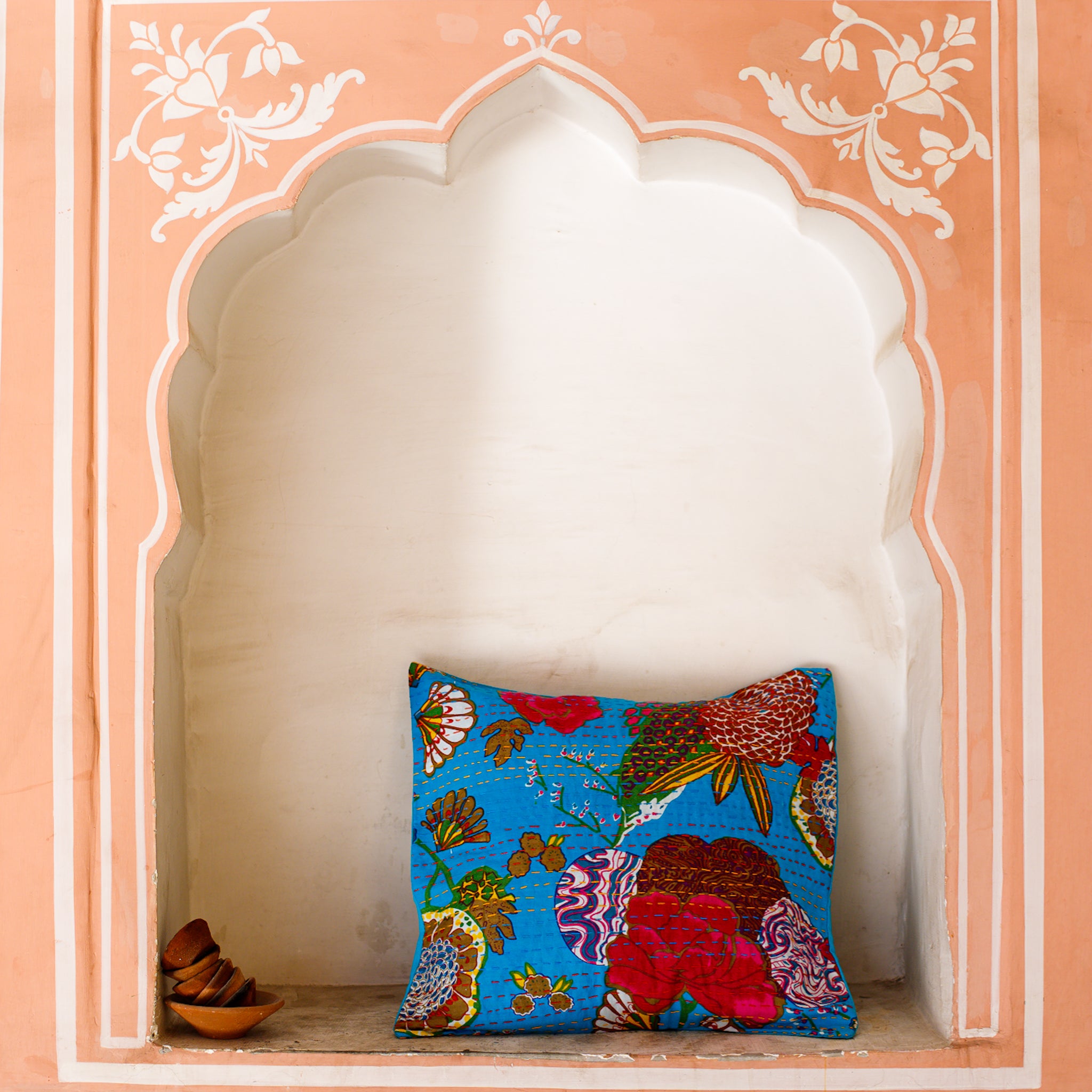 Cotton Cushion Cover Light Blue Floral Kantha Work