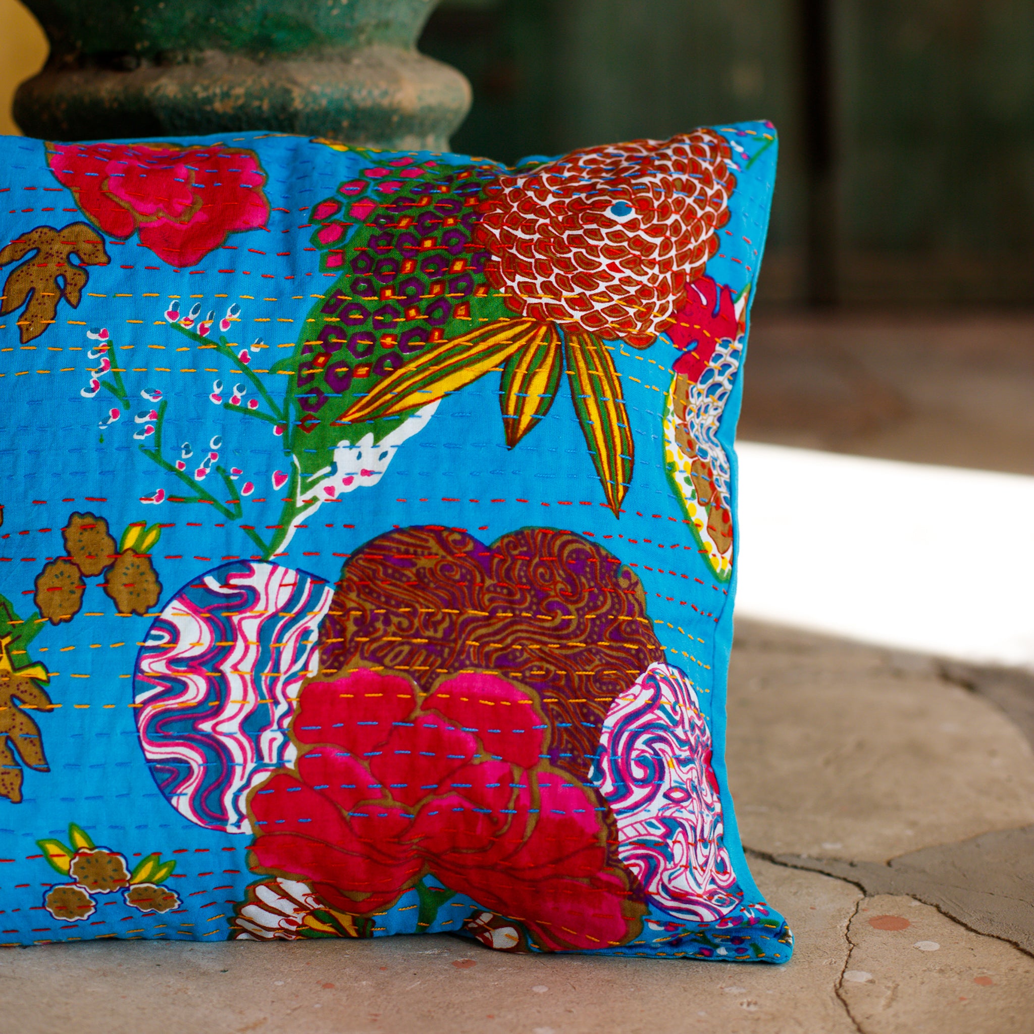 Cotton Cushion Cover Light Blue Floral Kantha Work