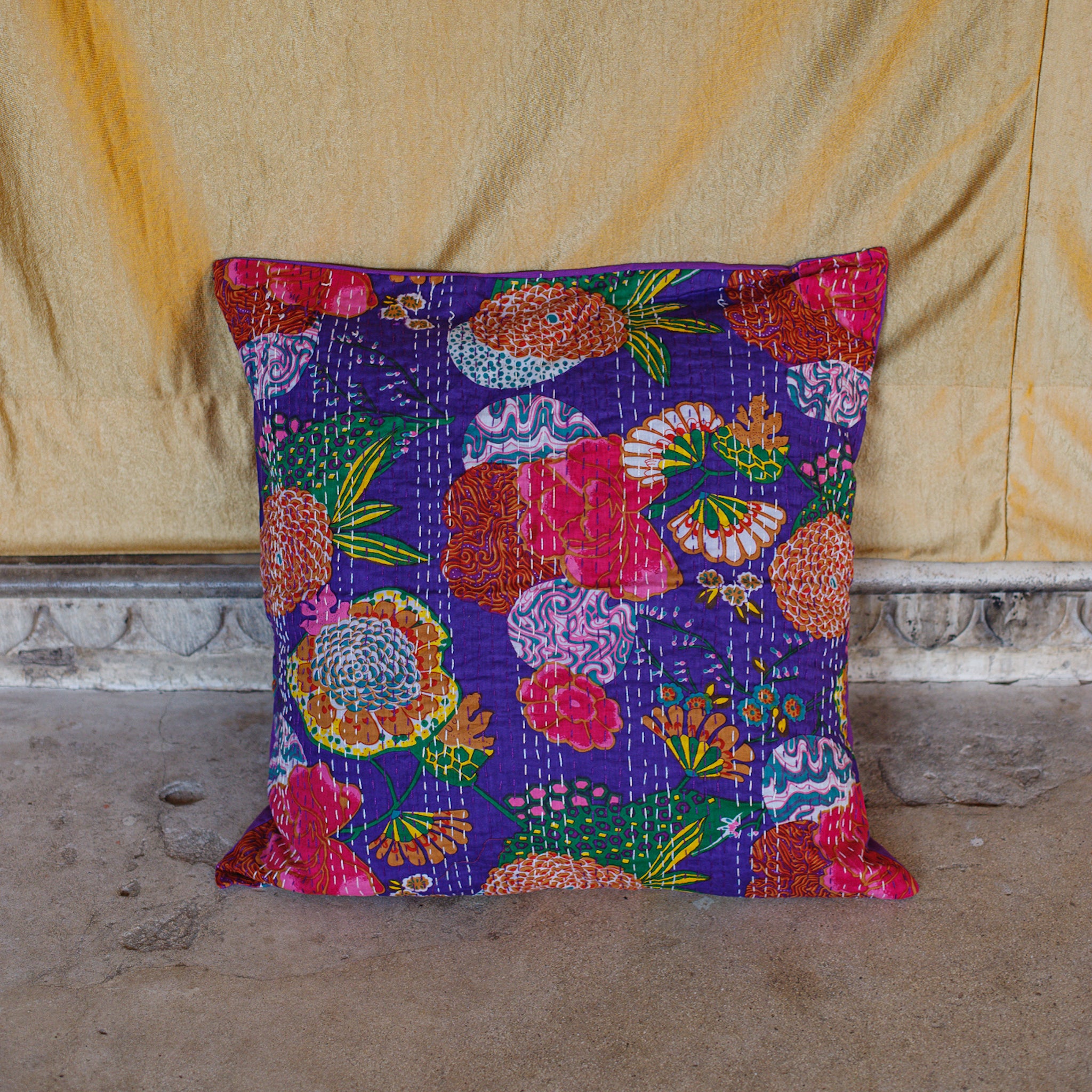 Cotton Cushion Cover Purple Floral Kantha Work