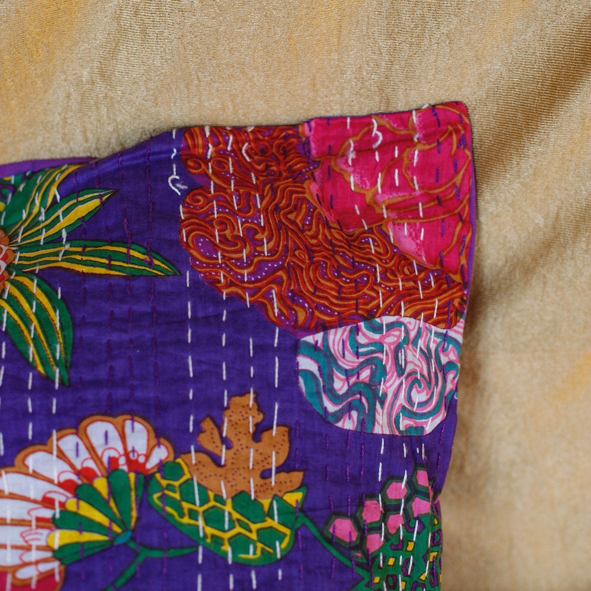 Cotton Cushion Cover Purple Floral Kantha Work