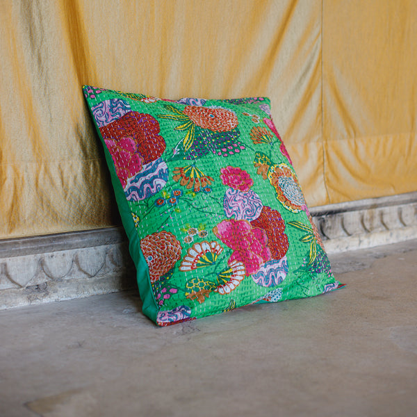 Cotton Cushion Cover Light Green Floral Kantha Work