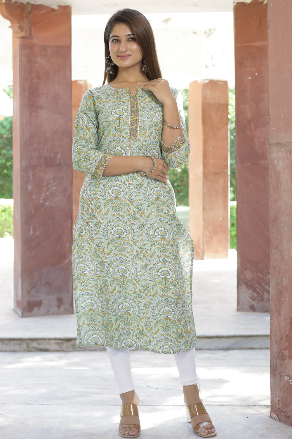 Cotton Straight Kurti - Mustard Floral Motif