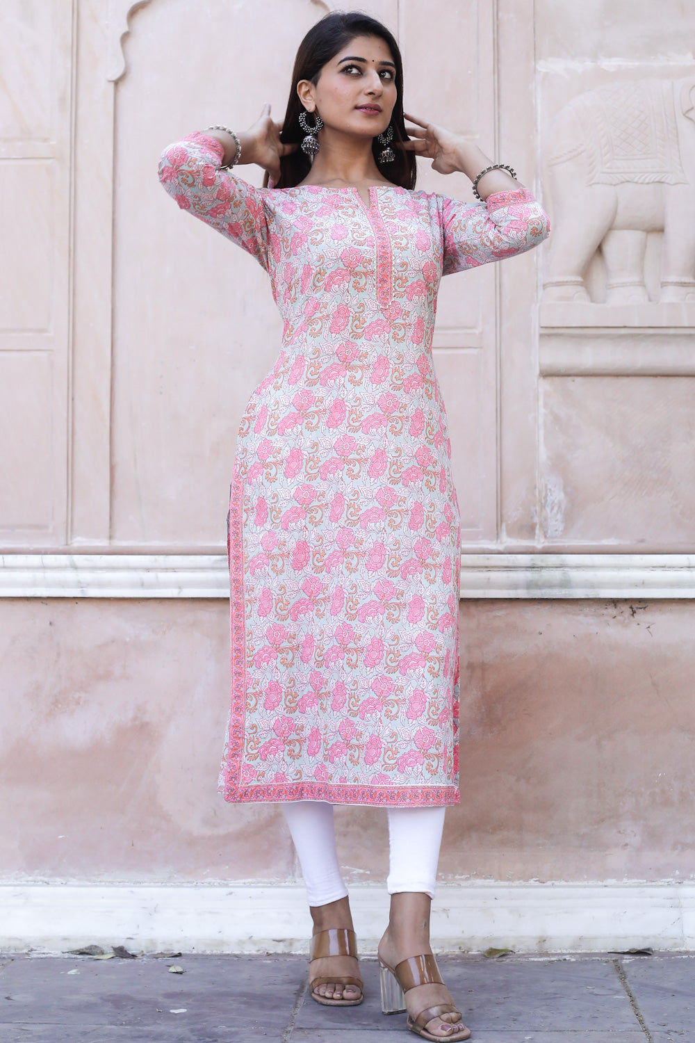 Cotton Straight Kurti - Watermelon Pink Floral Motif