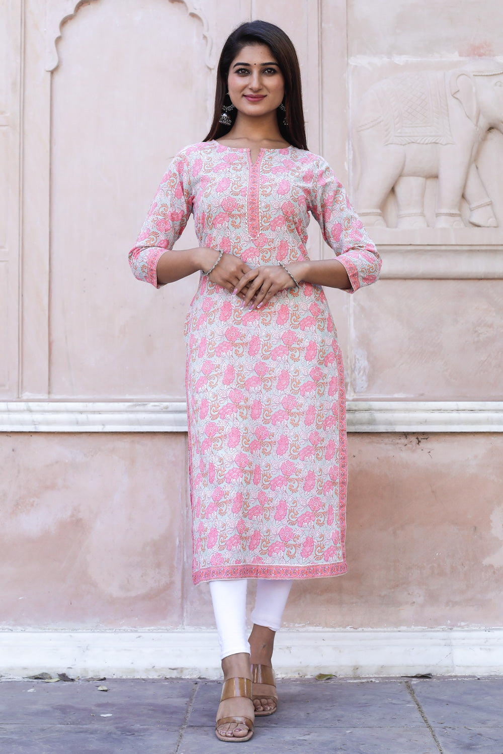 Cotton Straight Kurti - Watermelon Pink Floral Motif