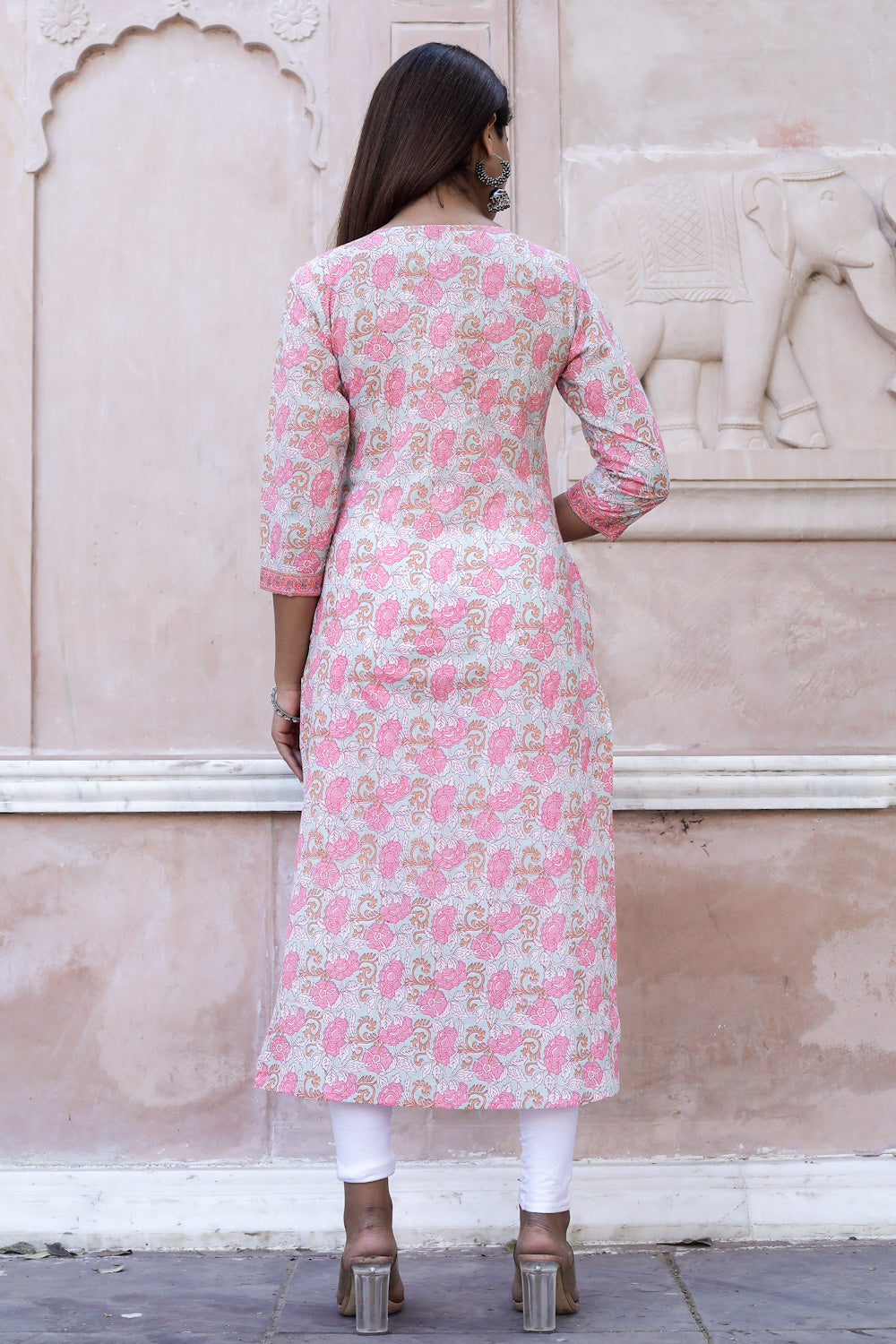 Cotton Straight Kurti - Watermelon Pink Floral Motif