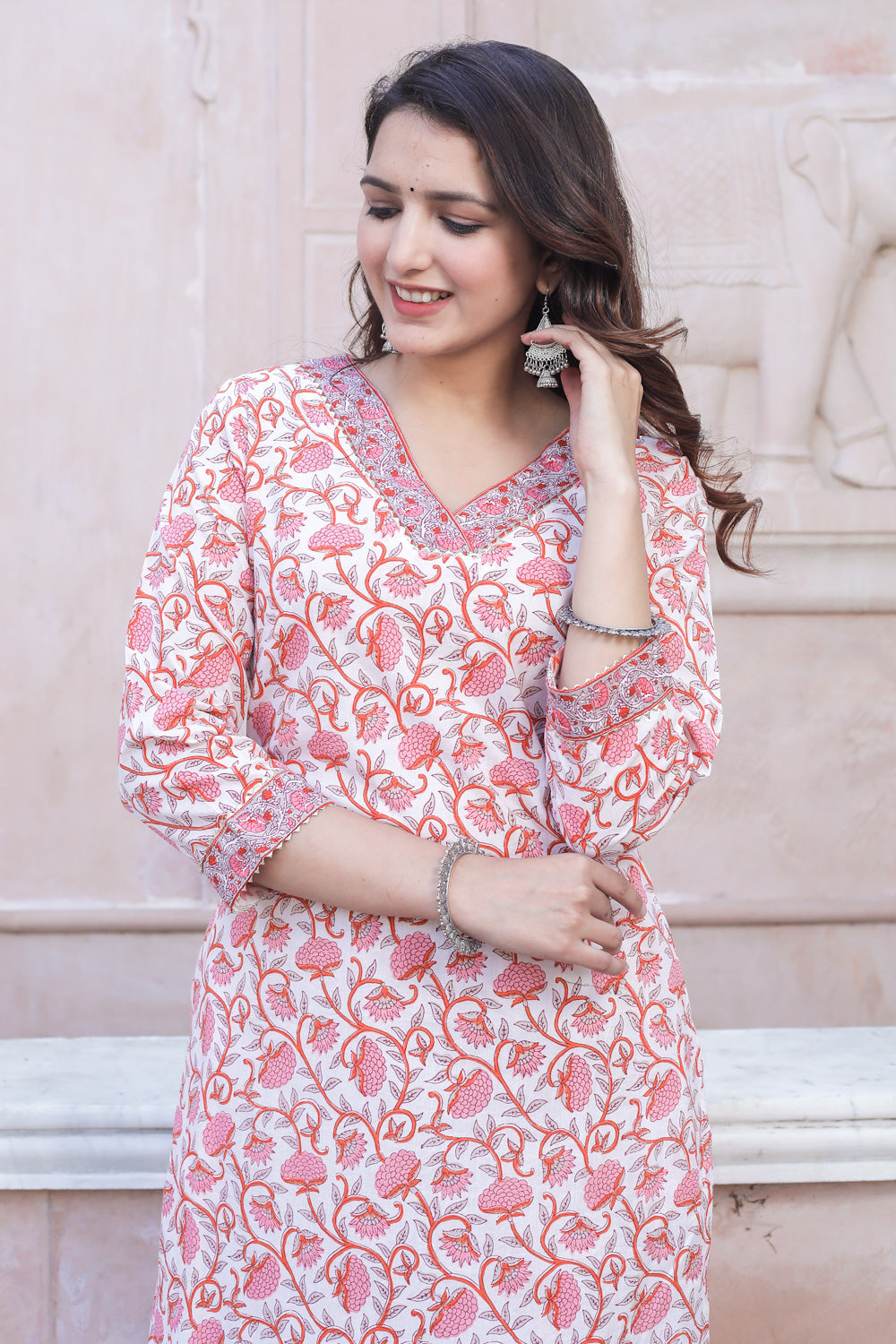 Cotton Straight Kurti - Rose Pink Floral Motif