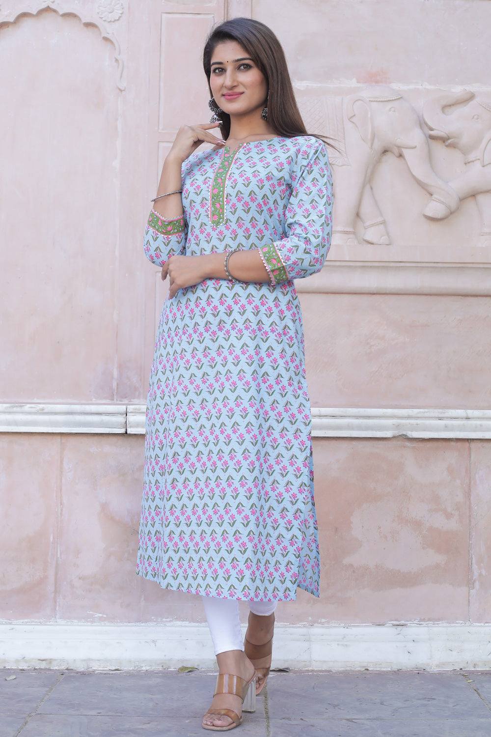 Cotton Straight Kurti - Magenta Pink Floral Motif
