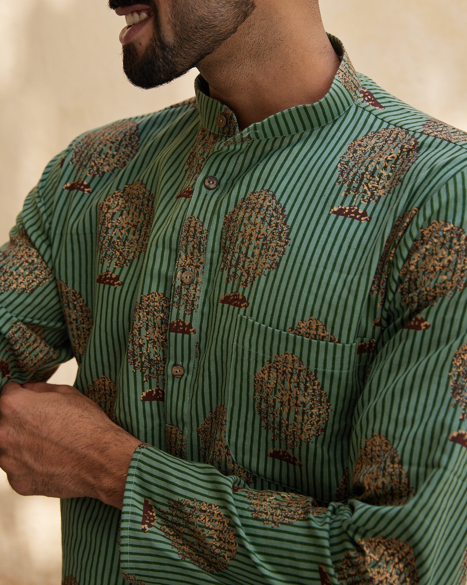Cotton Block Green-Cream Tree Men's Ethnic Kurta