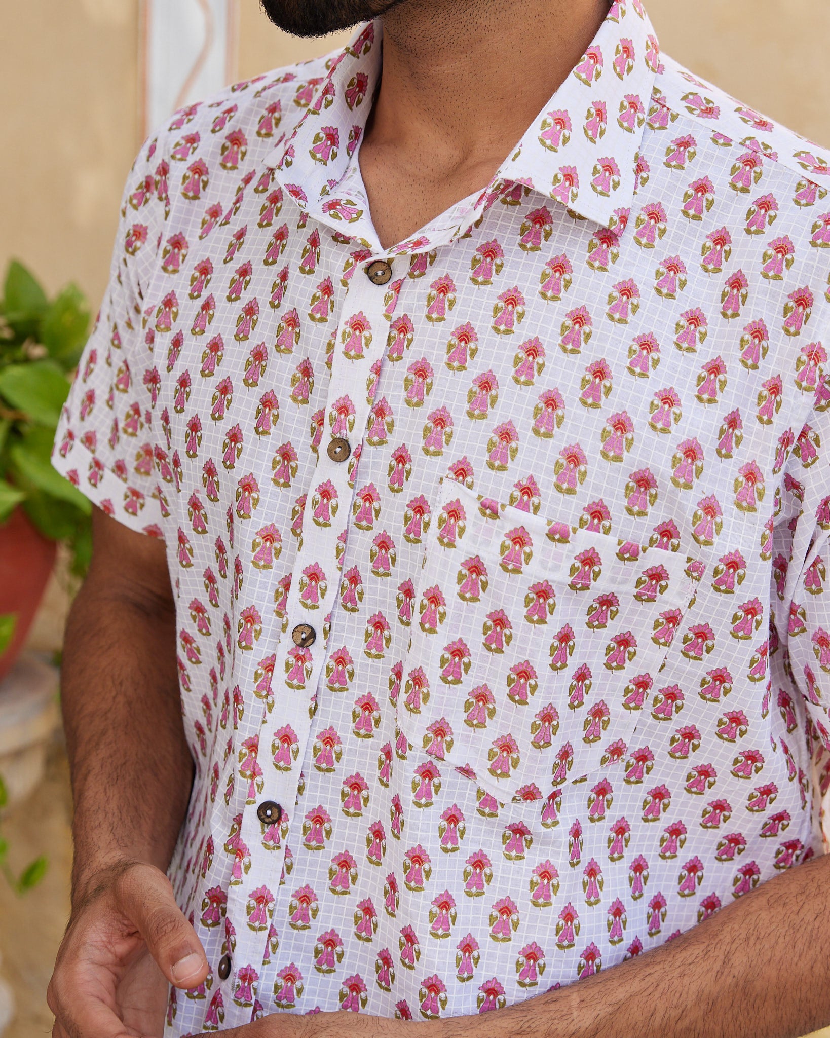 Cotton White Pink Floral Mens Half Sleeves Shirt