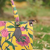 Cotton Velvet Womens Yellow Pink-Green Floral Hand Bag