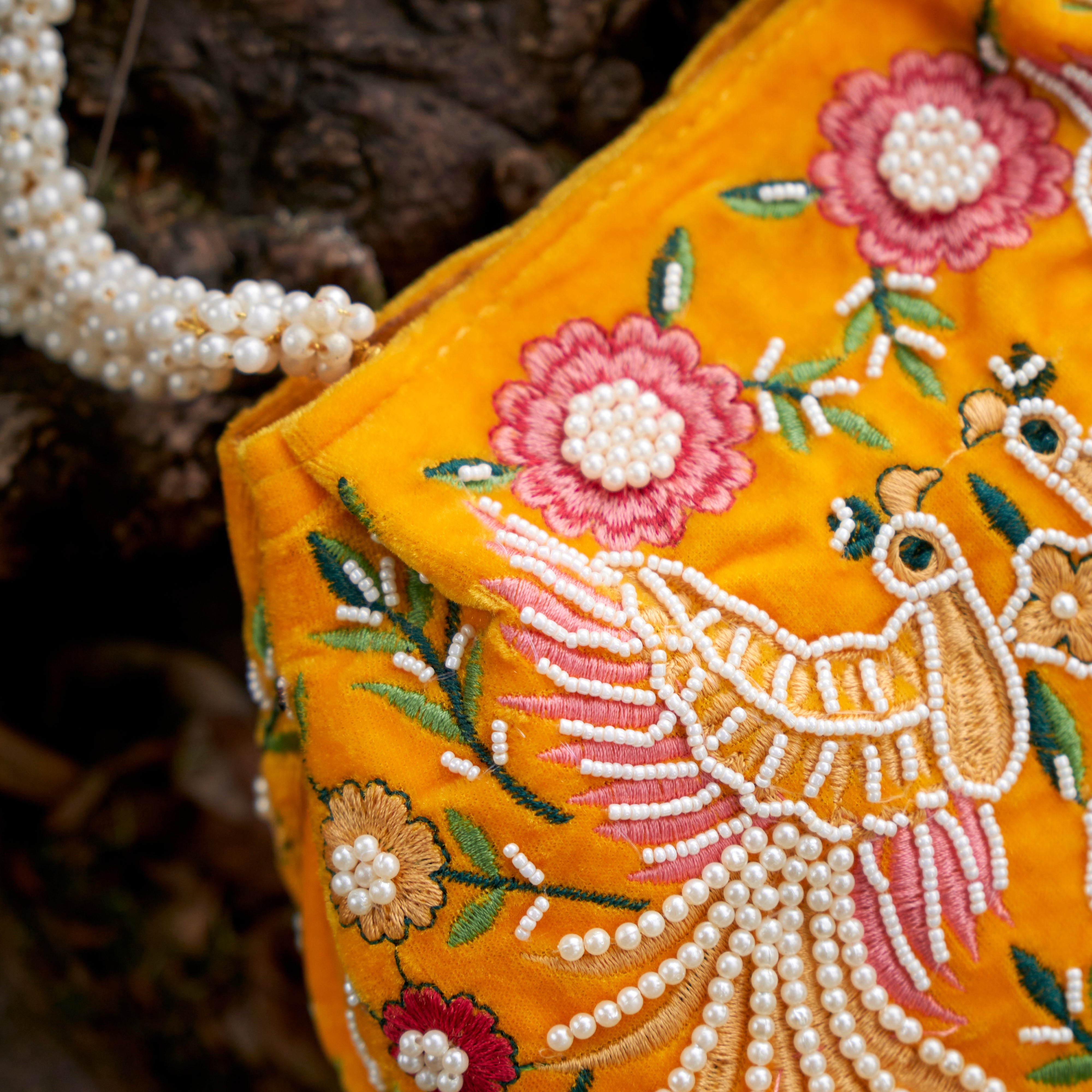 Cotton Velvet Womens Yellow Pink Peacock Hand Bag