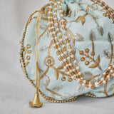Cotton Faux Silk Embroidery Womens Cream Golden Potli