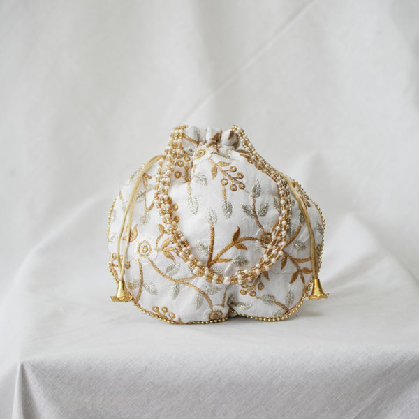 Cotton Faux Silk Embroidery Womens White Silver Golden Potli