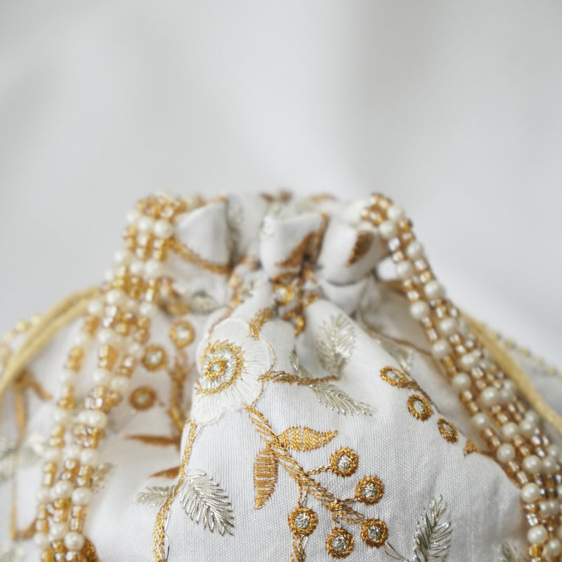 Cotton Faux Silk Embroidery Womens White Silver Golden Potli