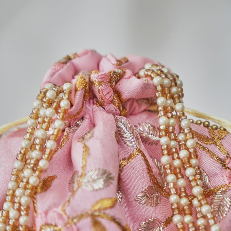 Cotton Faux Silk Embroidery Womens Pink Silver Brown Potli