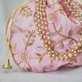 Cotton Faux Silk Embroidery Womens Pink Silver Brown Potli