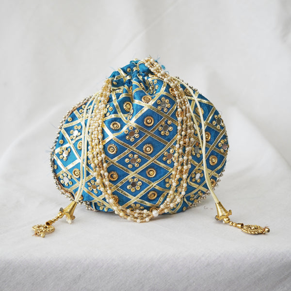 Cotton Faux Silk Embroidery Womens Midnight Blue Golden Potli