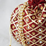 Cotton Faux Silk Embroidery Womens Maroon Golden Potli
