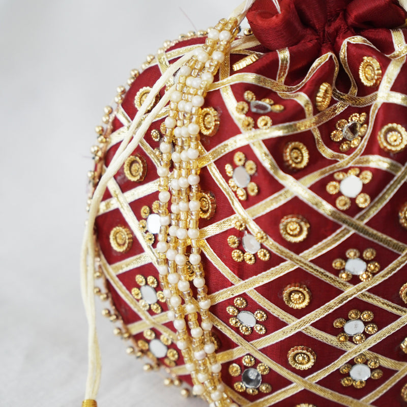 Cotton Faux Silk Embroidery Womens Maroon Golden Potli