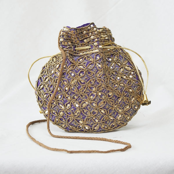 Cotton Faux Silk Embroidery Womens Navy Blue Golden Potli