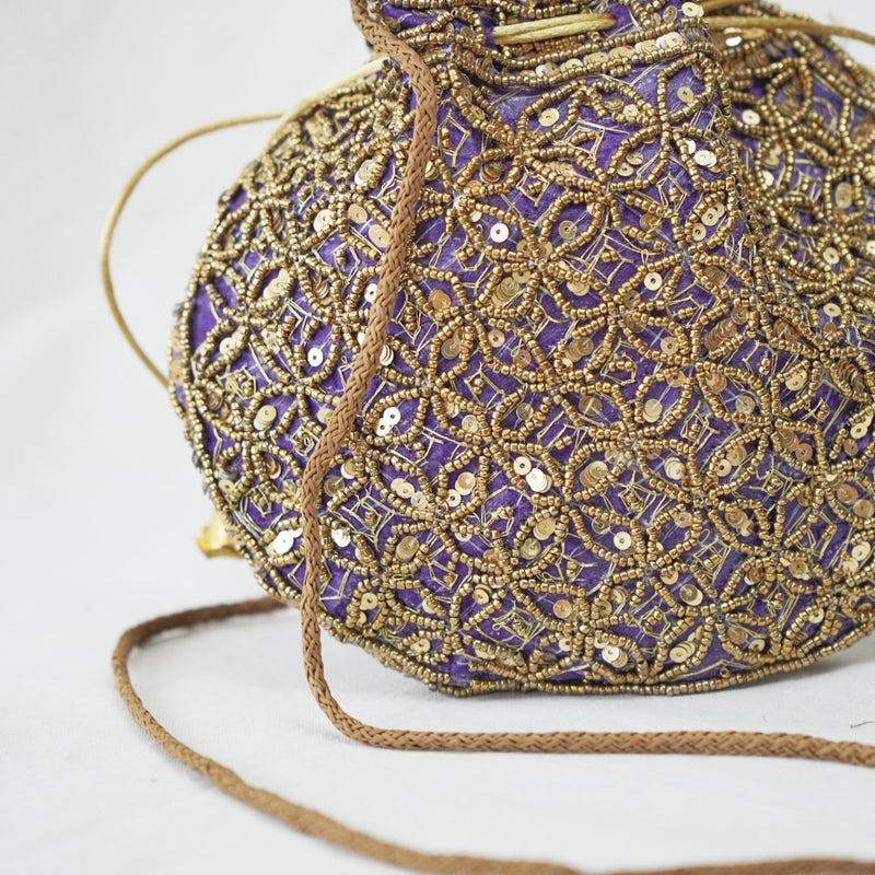 Cotton Faux Silk Embroidery Womens Navy Blue Golden Potli