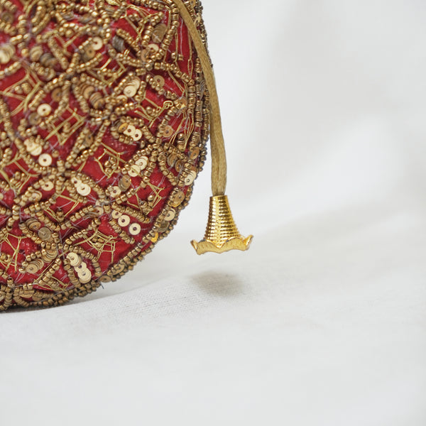 Cotton Faux Silk Embroidery Womens Burgundy Golden Potli