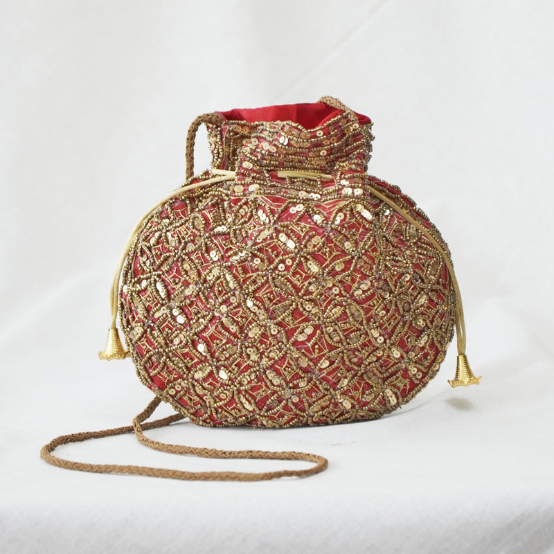 Cotton Faux Silk Embroidery Womens Burgundy Golden Potli