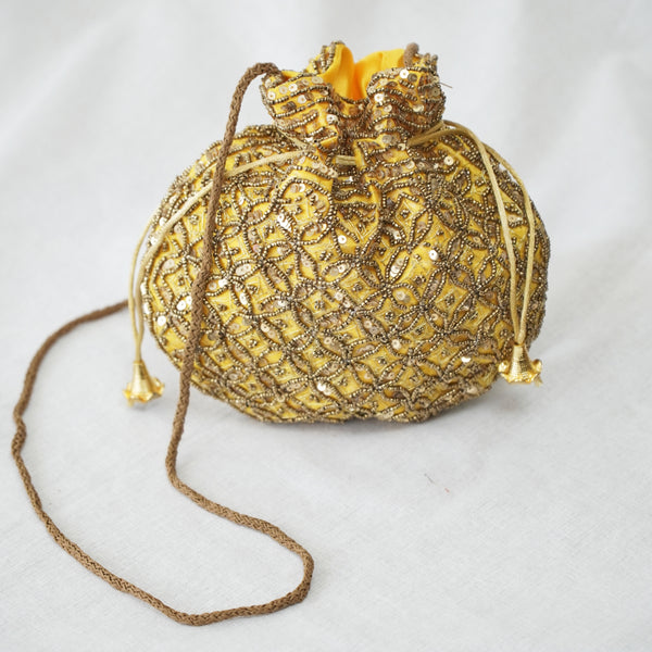 Cotton Faux Silk Embroidery Womens Lemon Golden Potli