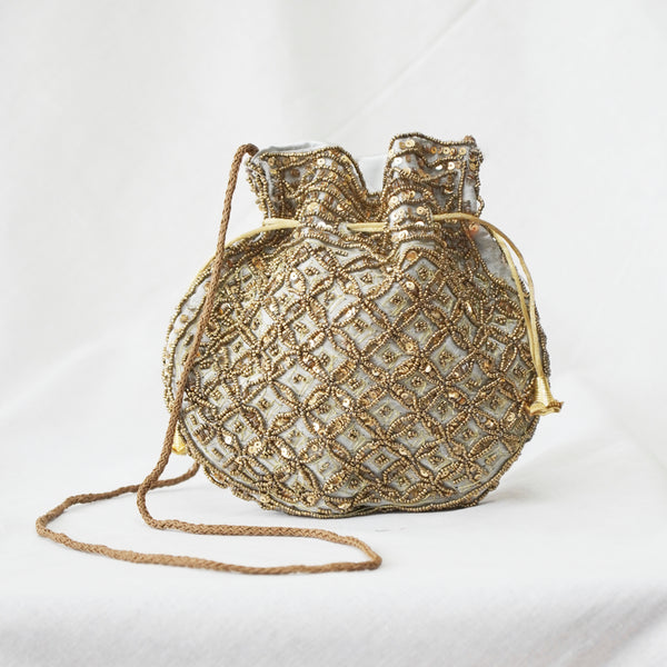 Cotton Faux Silk Embroidery Womens Powder Golden Potli