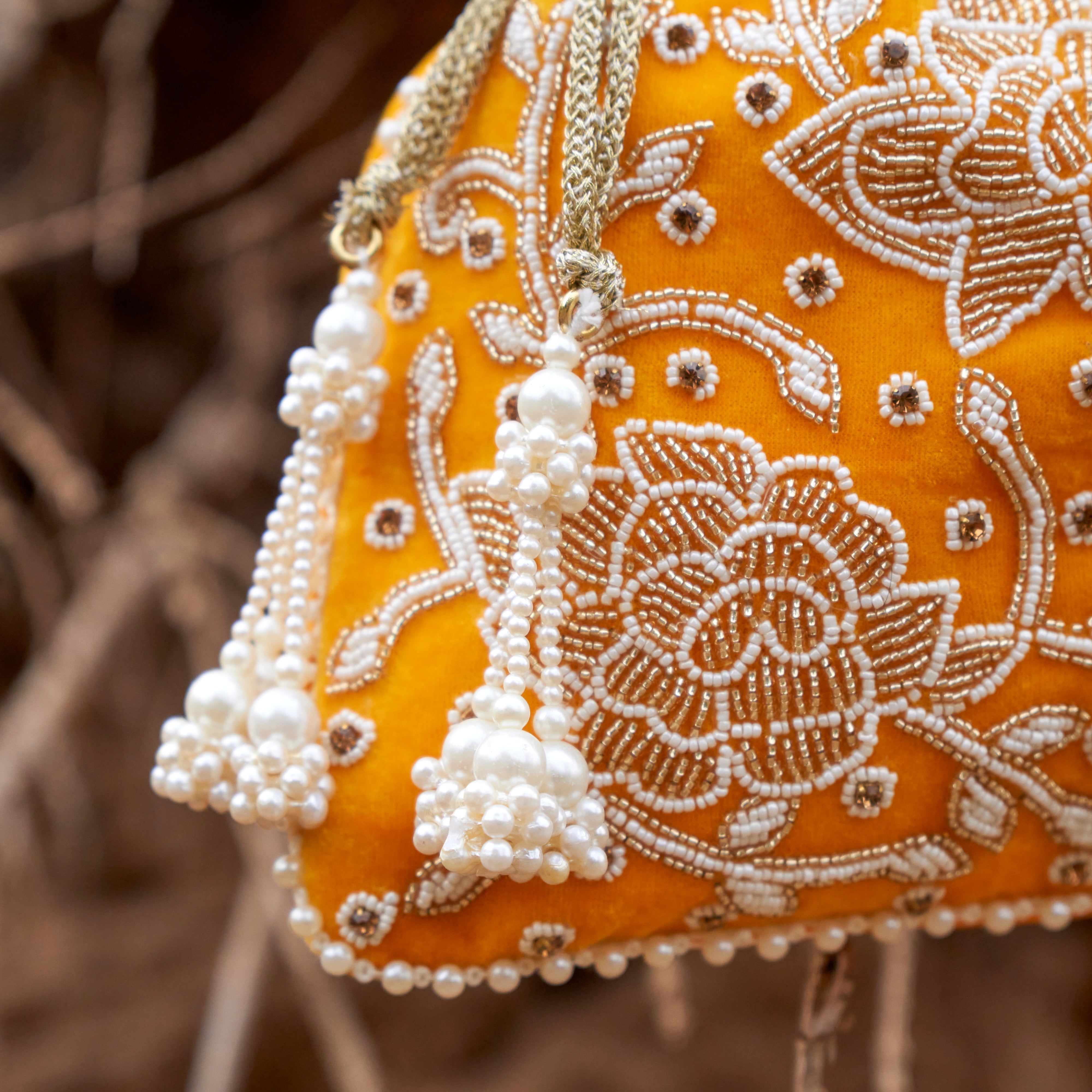 Cotton Velvet Womens Yellow White Floral Potli