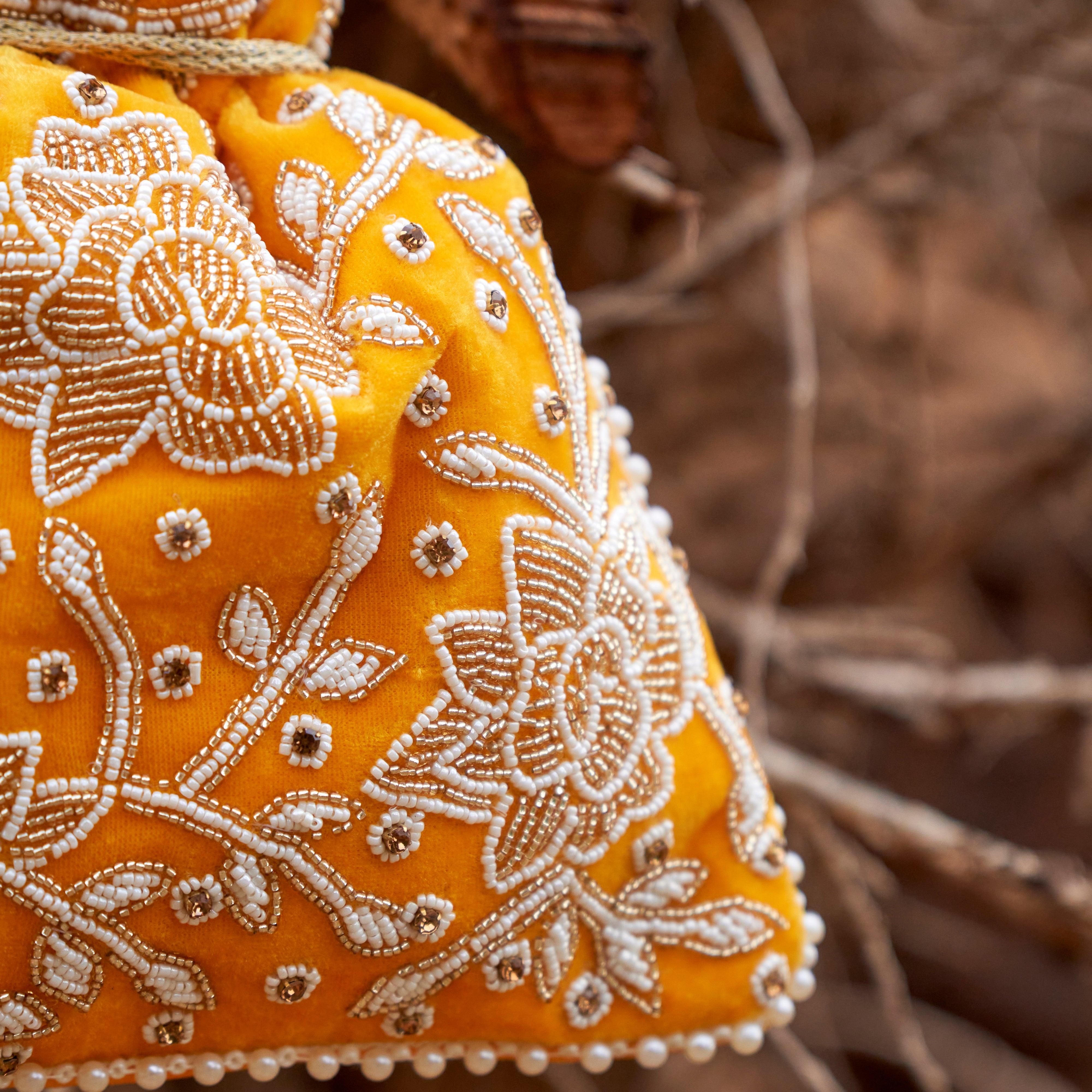 Cotton Velvet Womens Yellow White Floral Potli