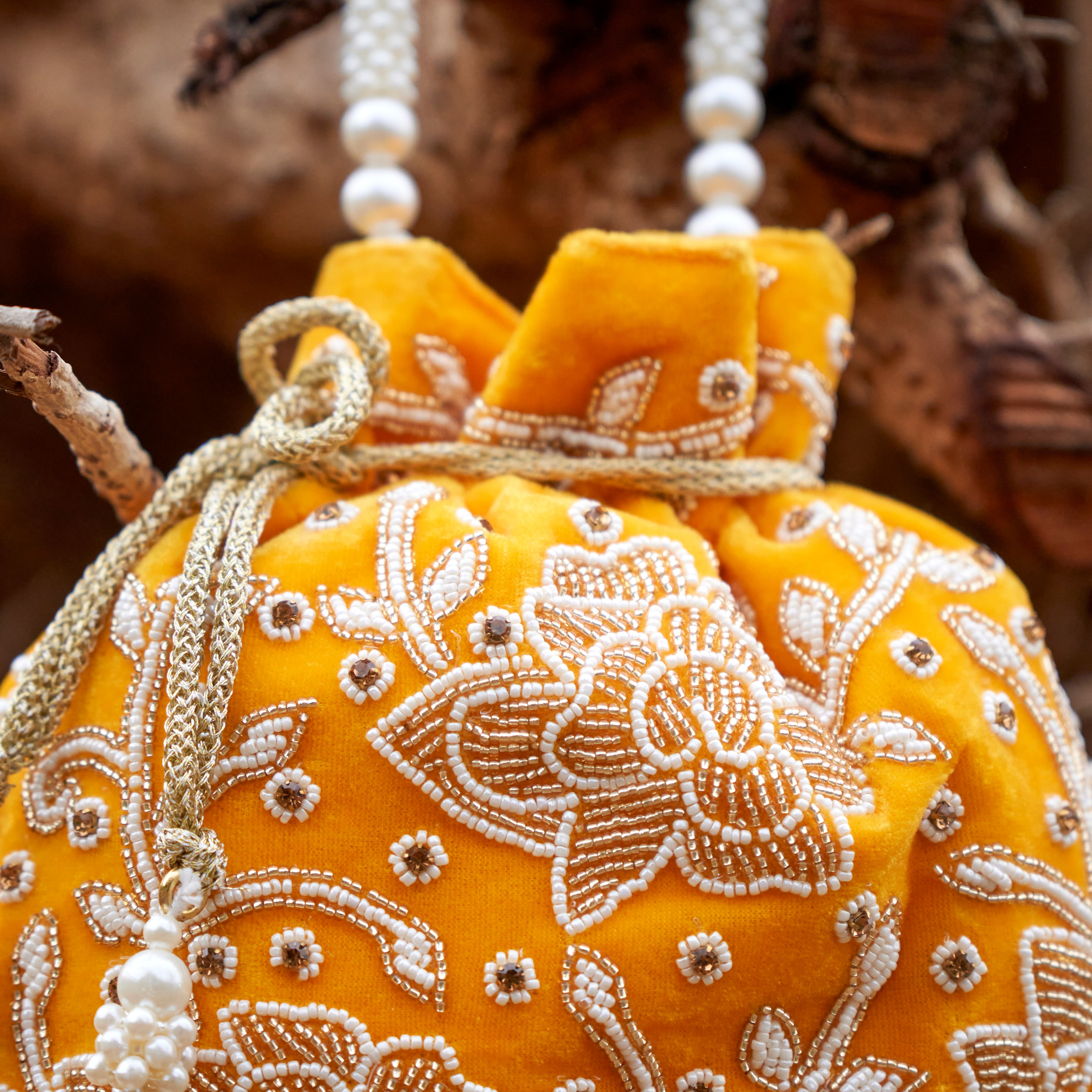 Cotton Velvet Womens Yellow White Floral Potli