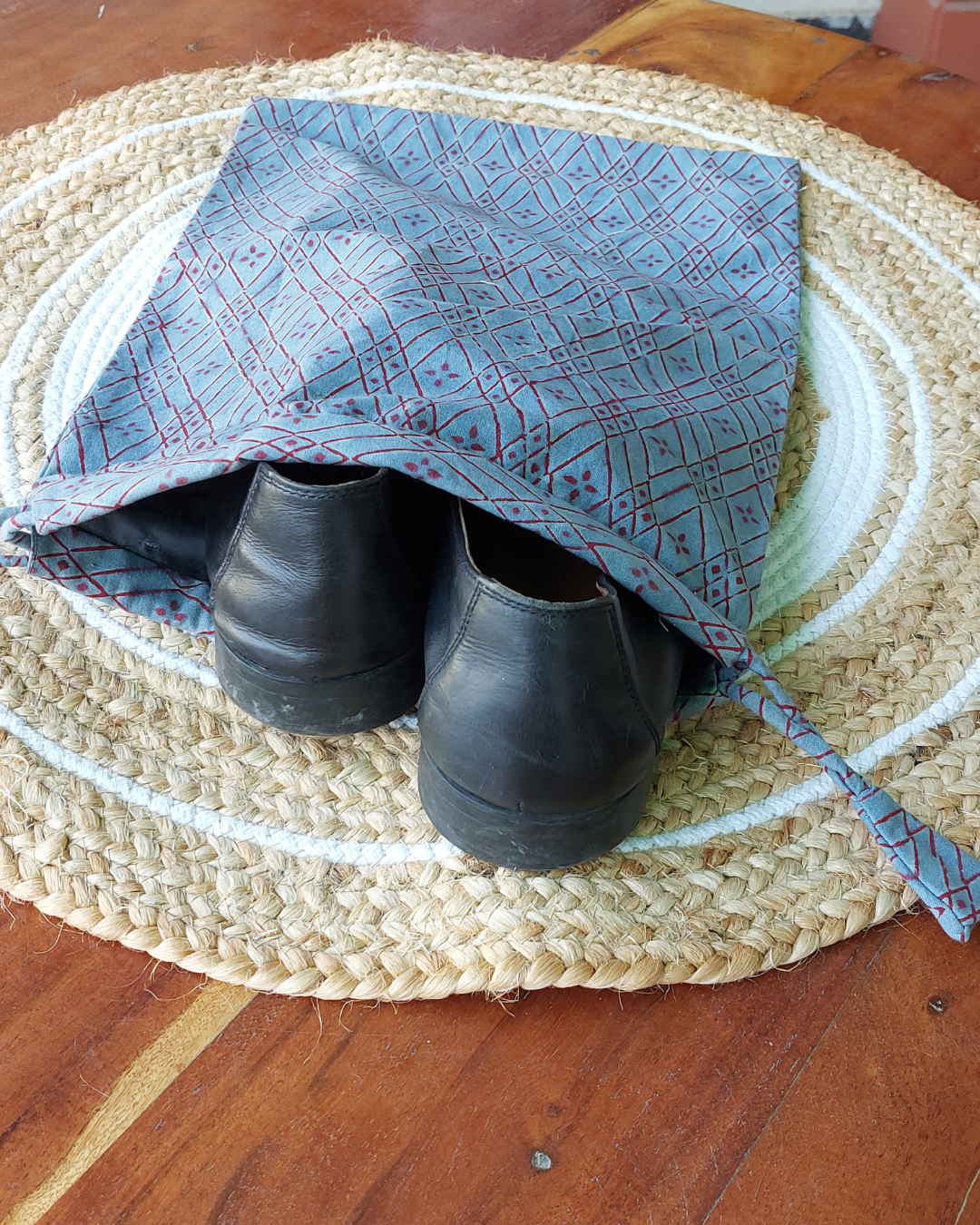Cotton Shoe Bag  Earthy Grey Red Geometric Block Print