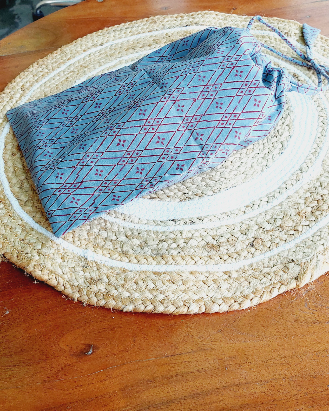 Cotton Shoe Bag  Earthy Grey Red Geometric Block Print