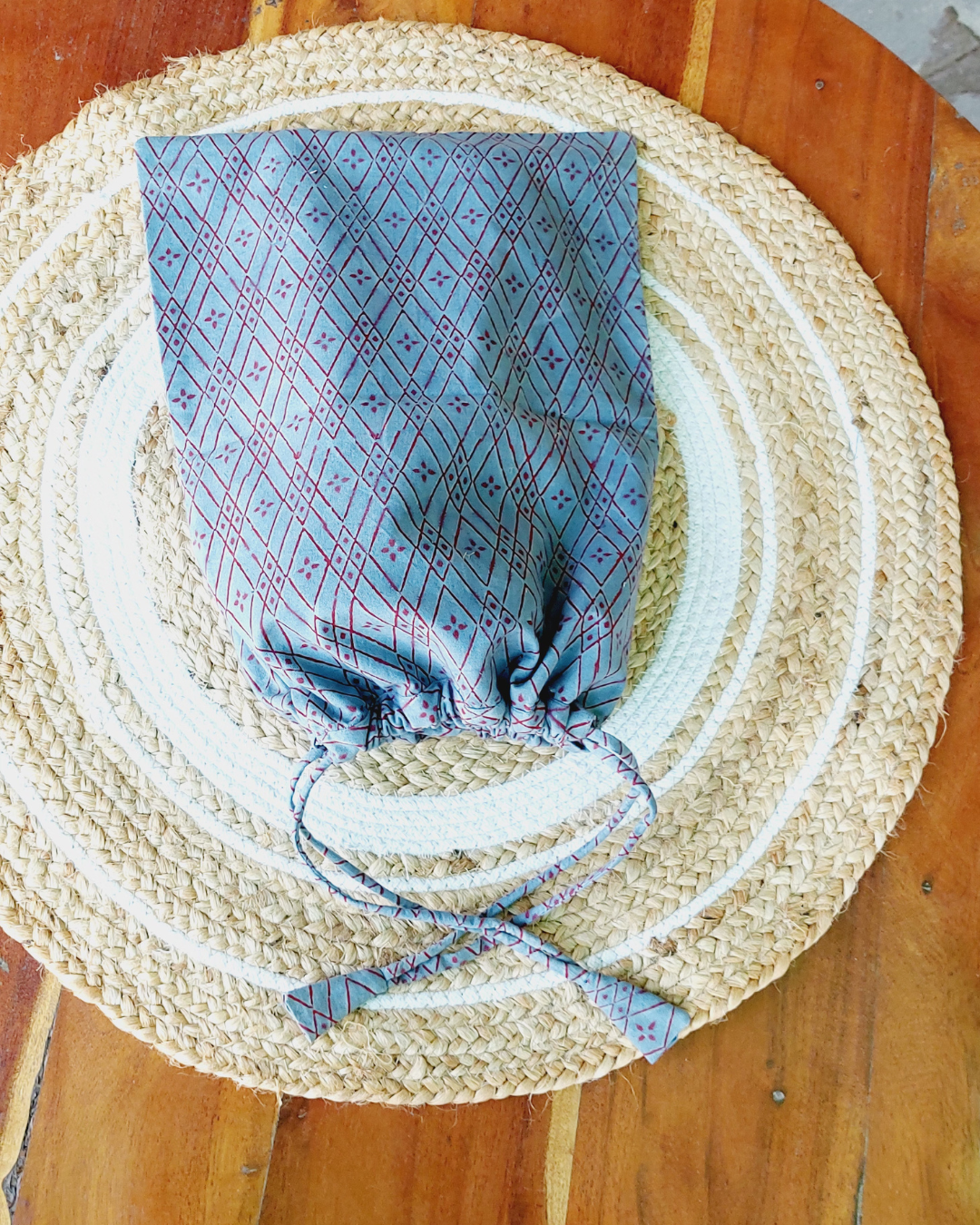 Cotton Shoe Bag  Earthy Grey Red Geometric Block Print