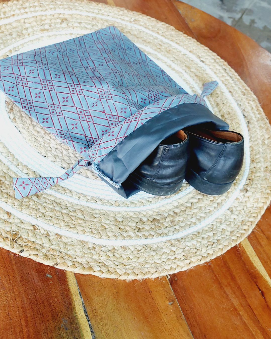 Cotton Shoe Bag  Earthy Grey Red Geometric Block Print
