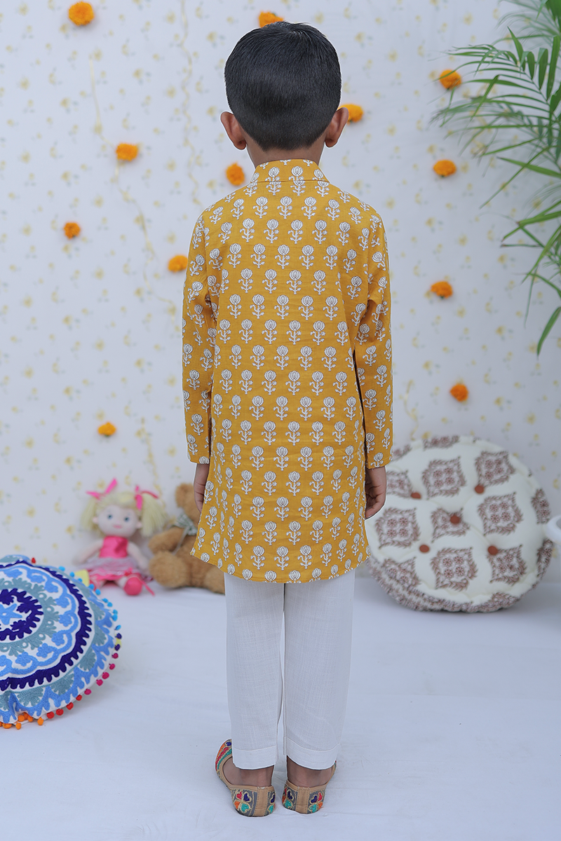 Cotton Mustard White Motif Boy's Kurta Pajama Set