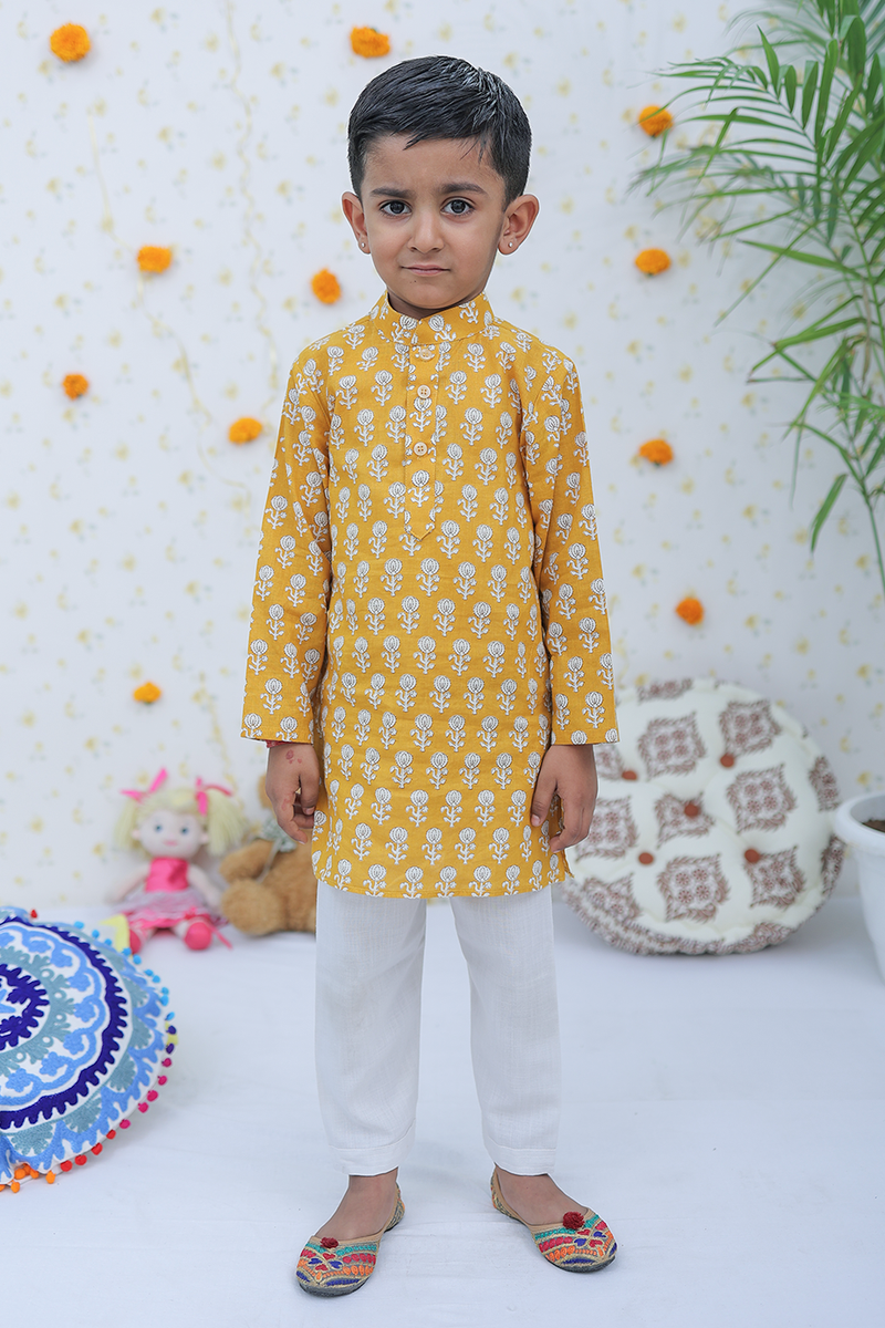Cotton Mustard White Motif Boy's Kurta Pajama Set