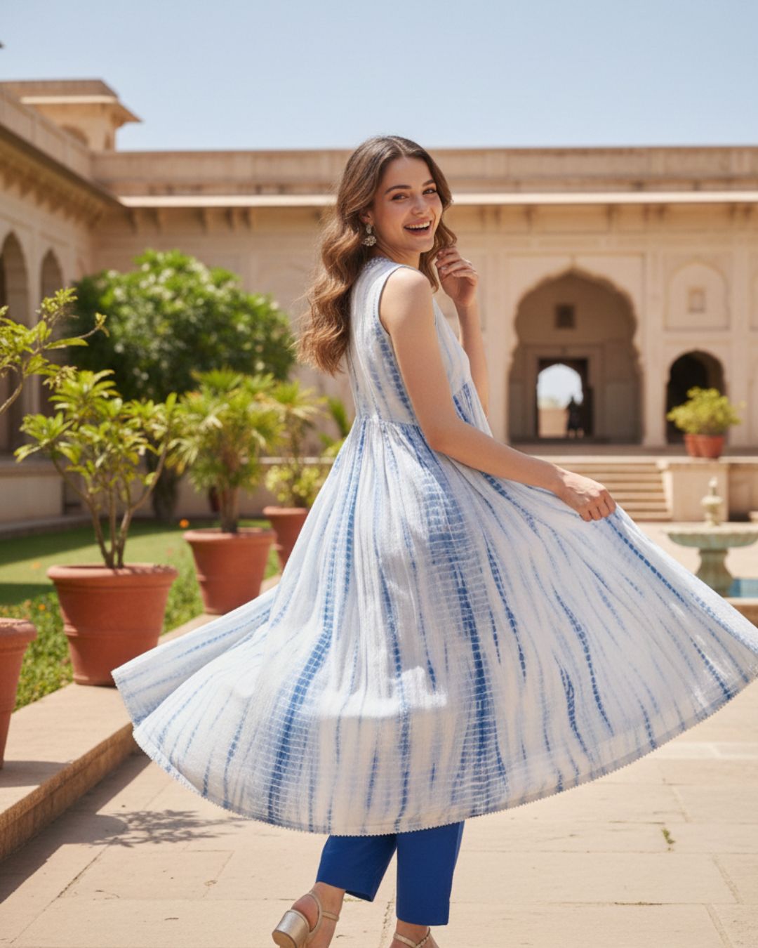 Cotton White-Blue Tie-Dye print Women's Kurta Pant Set