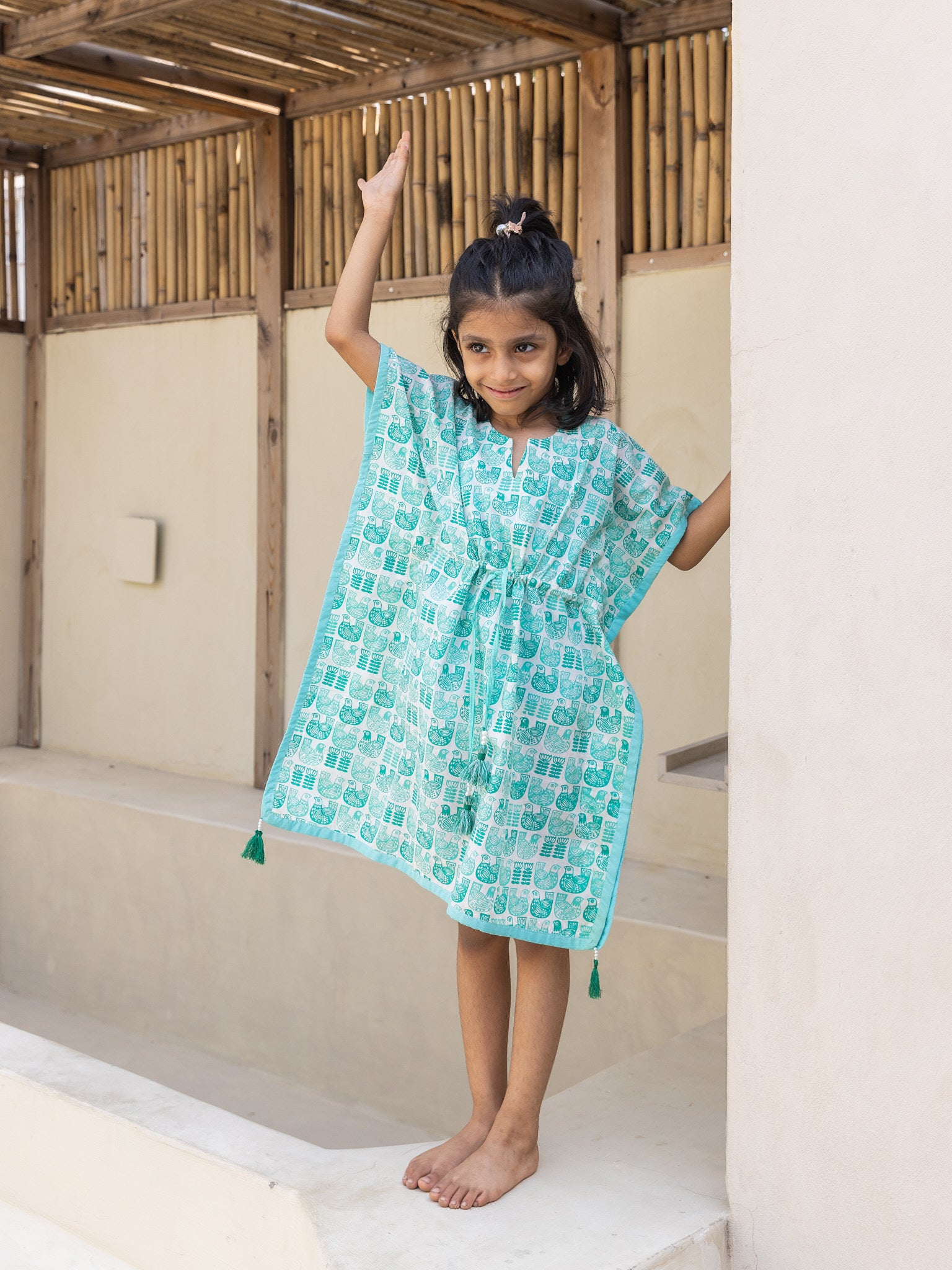 Cotton Green Bird Girl's Kaftan Dress
