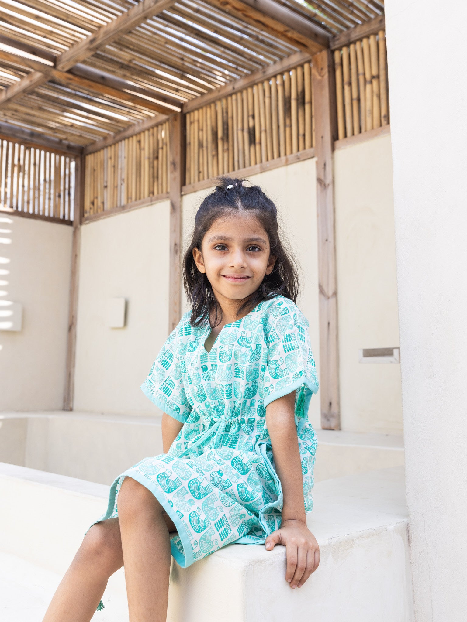 Cotton Green Bird Girl's Kaftan Dress