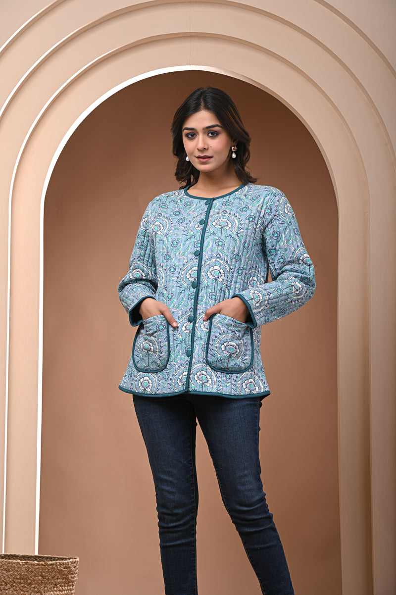 Cotton columbia blue sun flower quilted womens full sleves jacket