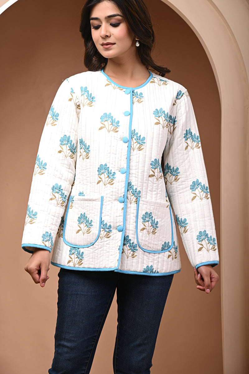 Cotton white bagru print quilted womens full sleves jacket